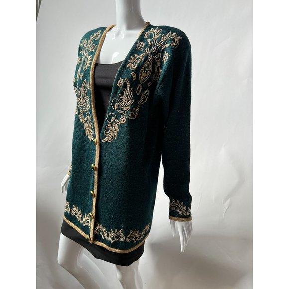 Jaclyn Smith Beaded and Embroidered Cardigan Sweater M Green, Gold Metallic Th - Picture 6 of 16